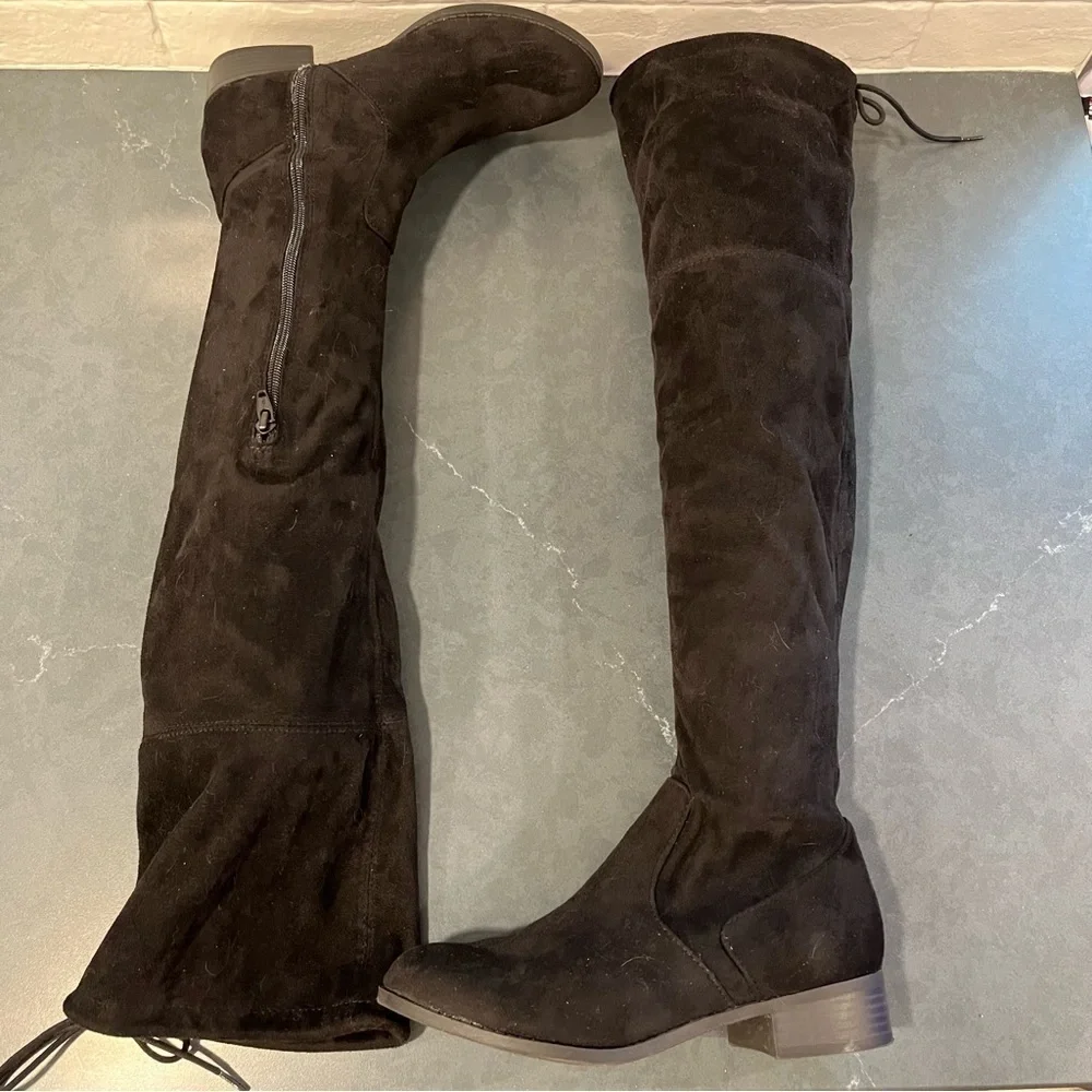 ANA sz 7 Pixie black vegan micro suede OTK boots